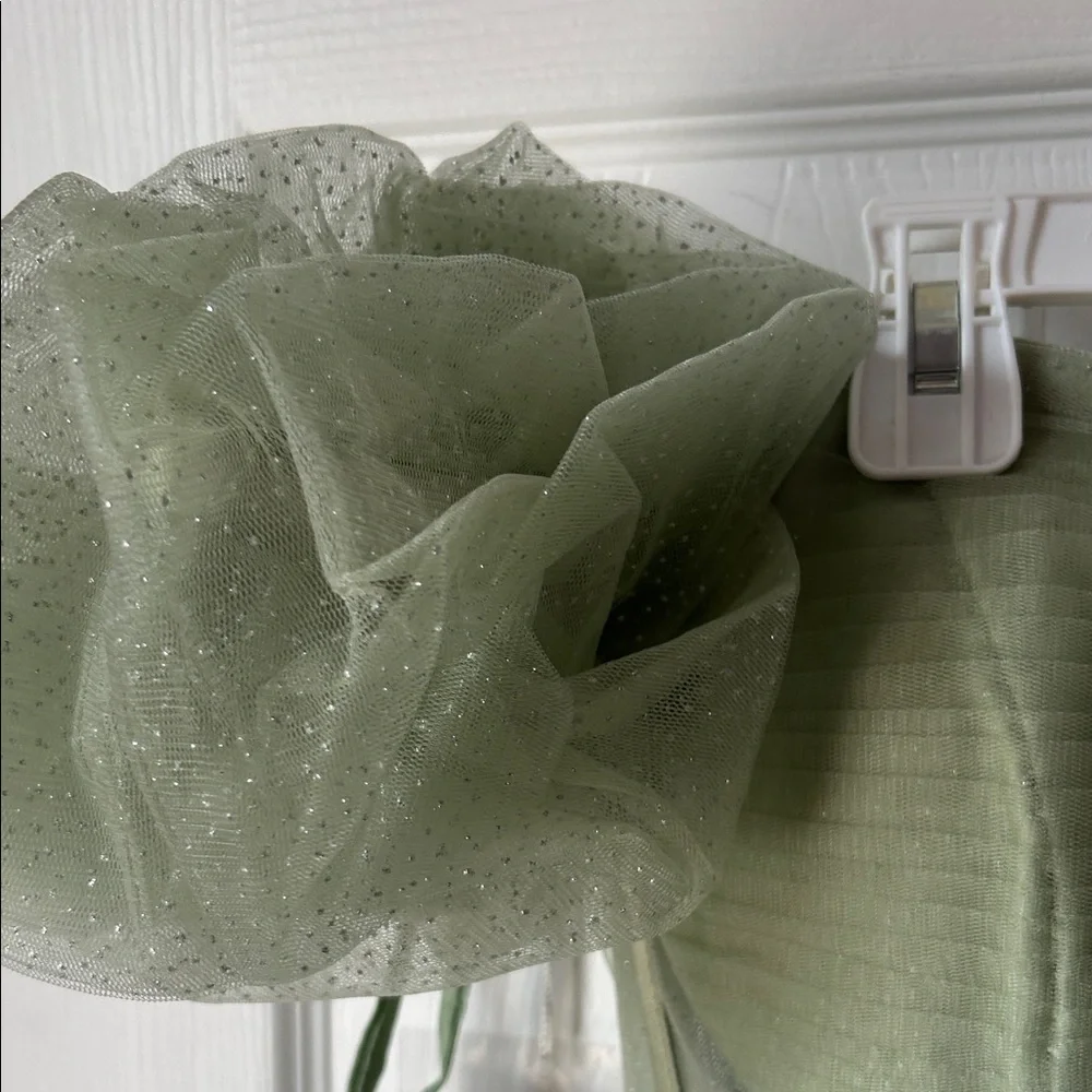 Sage Green Tulle Party Dress with Puff Sleeves - Picture 6 of 10